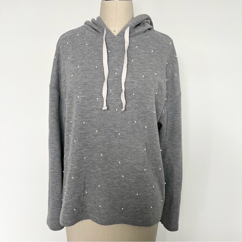 Zara Gray Hooded Ribbed Sweater with Pearl Accents